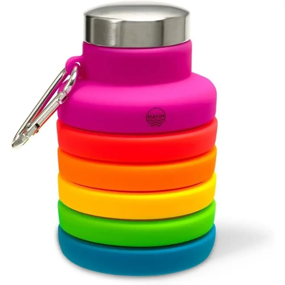 Mayim Collapsible Caribiner 17oz Silicone Water Bottle Rainbow Pink Collectible